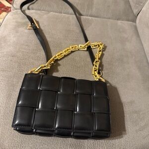 Black Quilted Leather Bag with Gold Chain